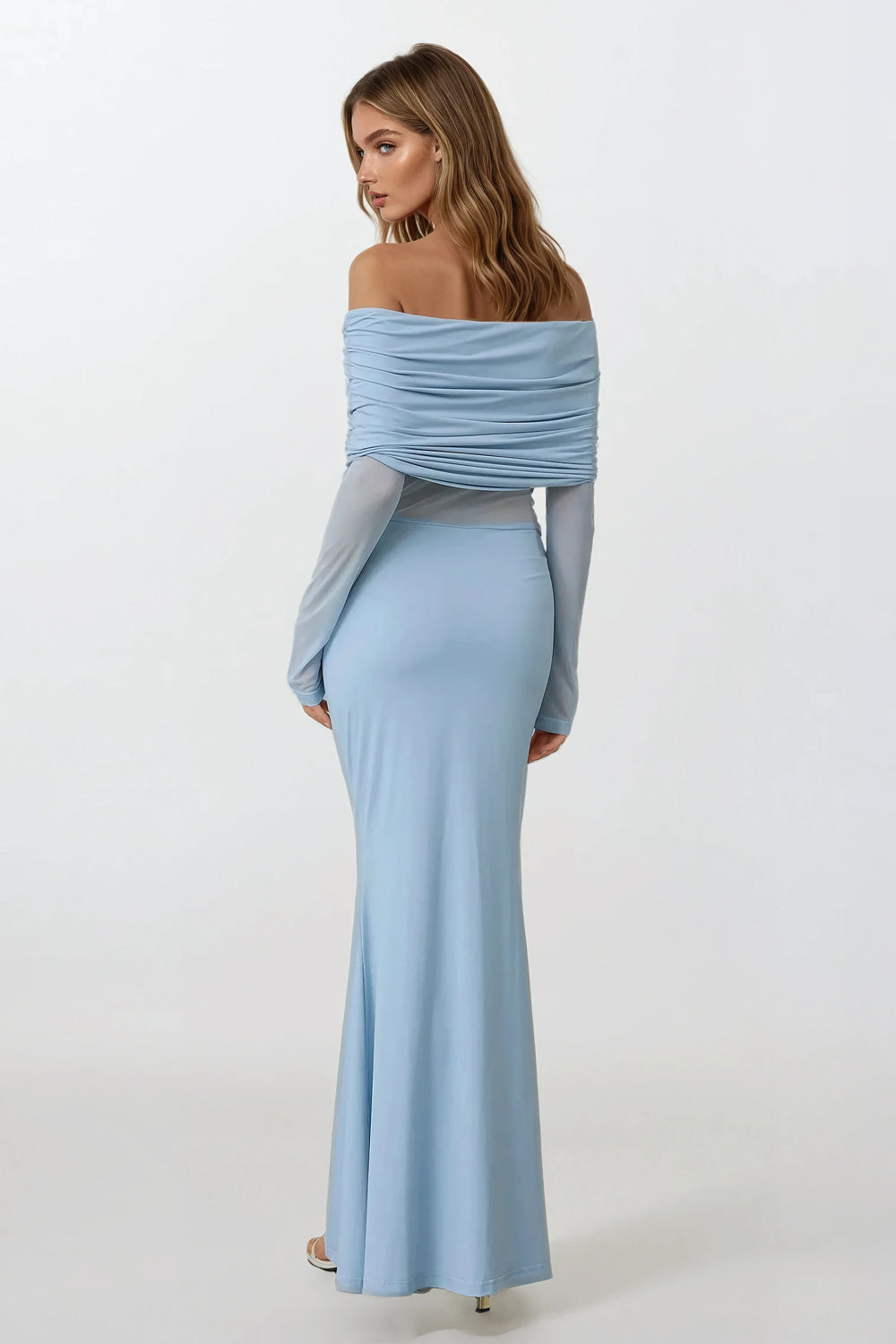 Off-Shoulder Longsleeves Ruched Maxi Dress - Blue