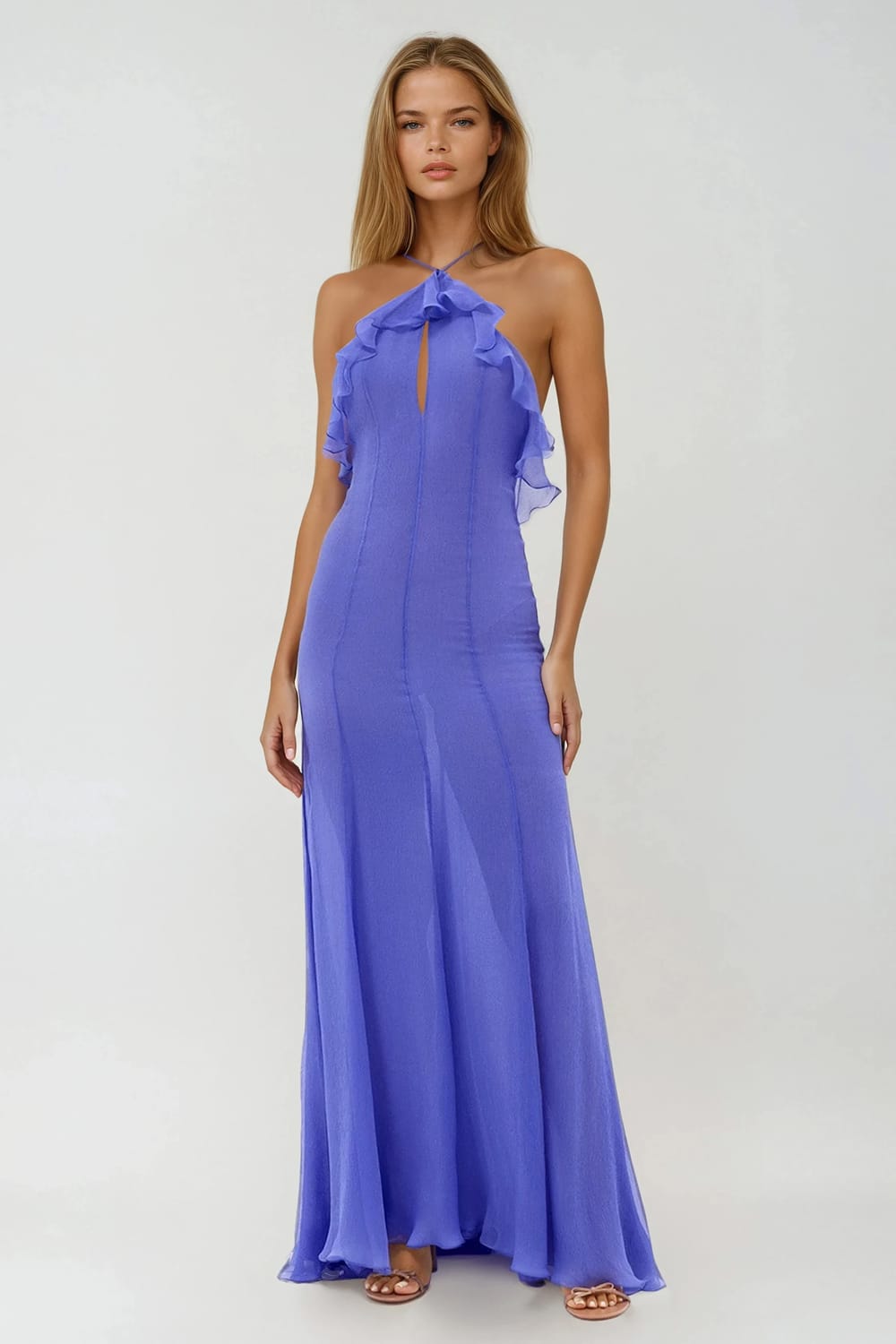Halter Neck Ruffle Detail Maxi Dress - Purple