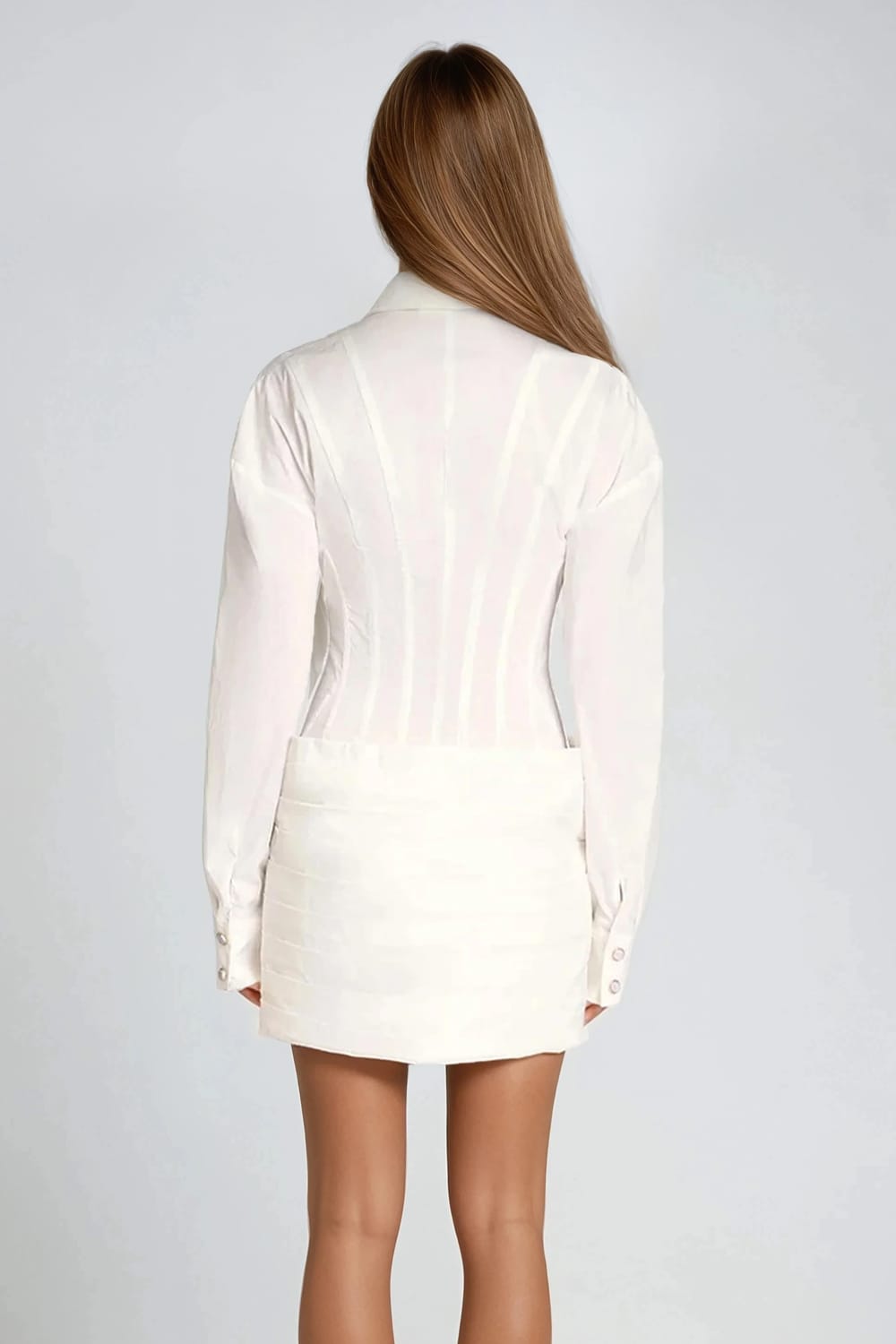 Long Sleeve Button-Up Mini Dress with Structured Waist - White