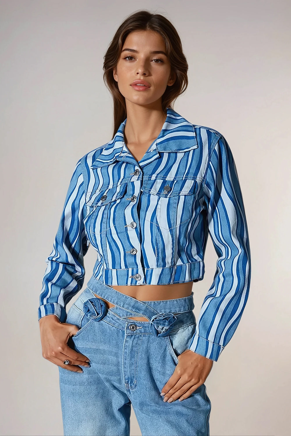 Cropped Denim Jacket with Stripe Detail - Blue