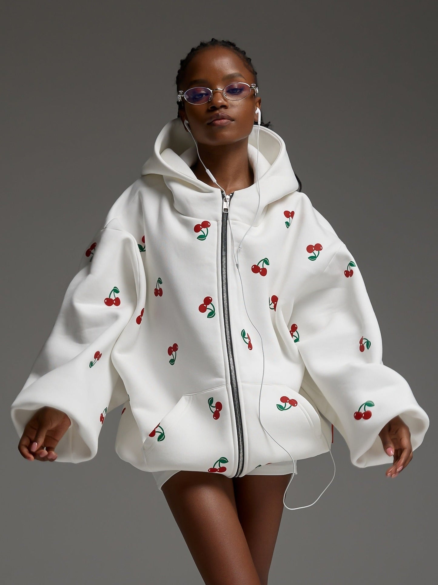 Oversized Hoodie with Cherry Print - White