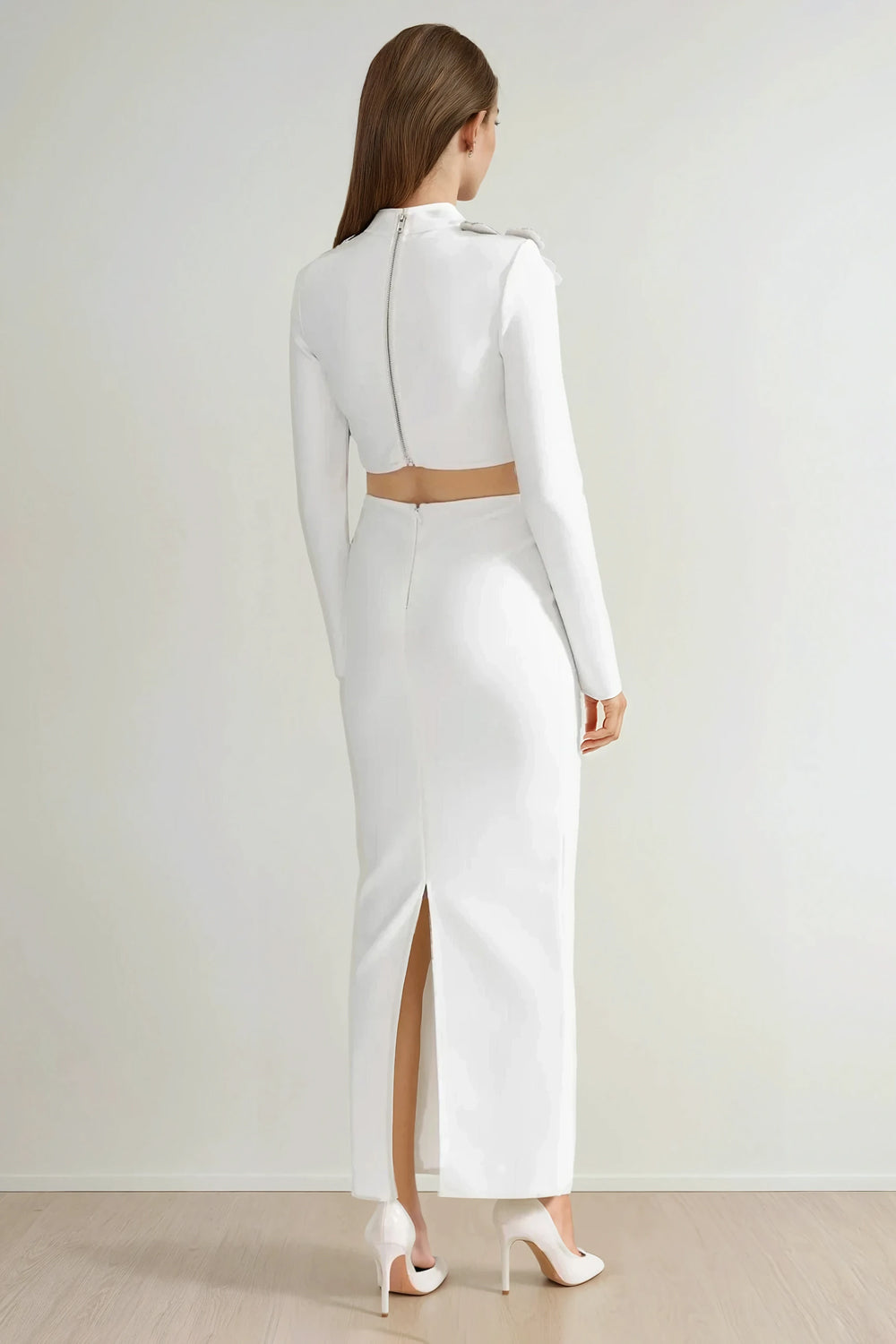 Two-Piece Set with High Neck Long Sleeve Crop Top and Maxi Skirt - White