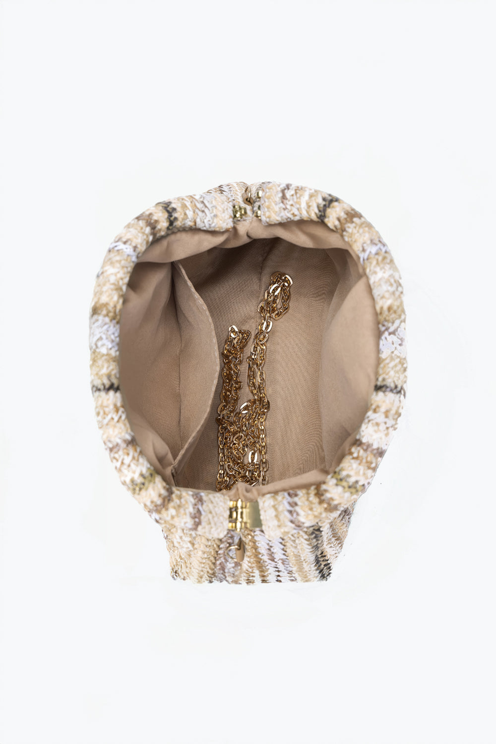 Woven Metallic Stripe Pleated Clutch Bag with Chain Strap