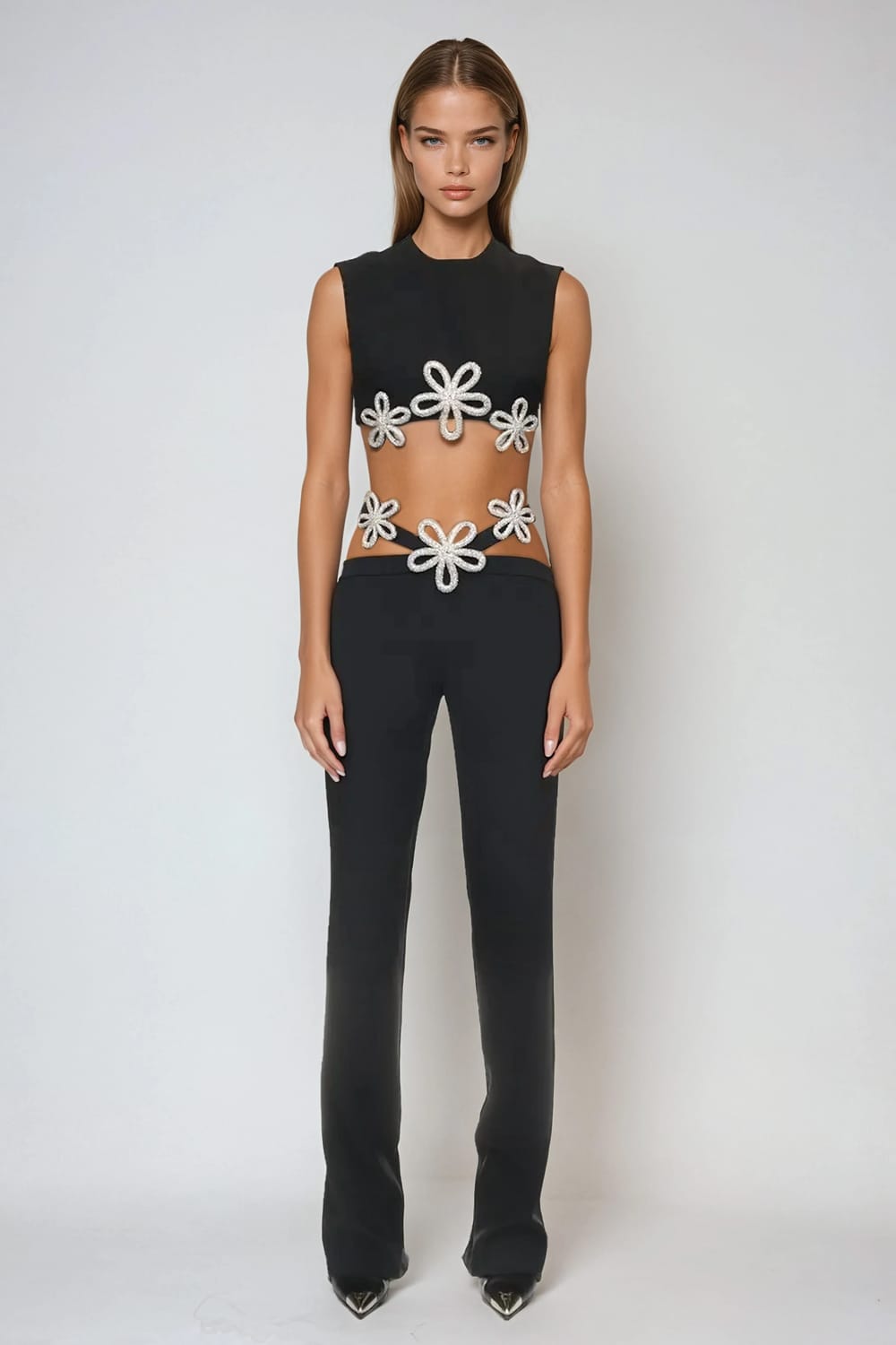 Two-Piece Set with Crystal Flower Stud Details Top and Trousers - Black