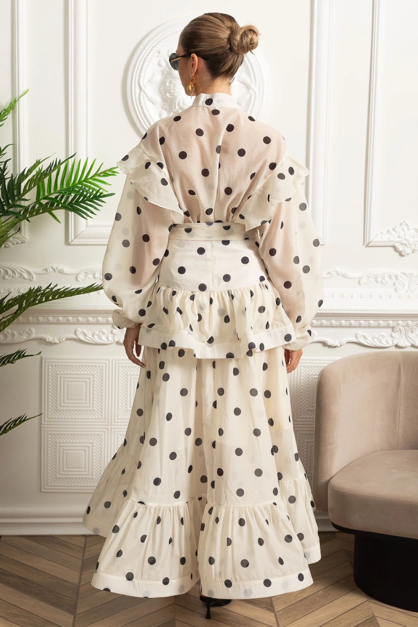 Sheer Polka Dot Blouse and Skirt Set with Ruffle Accents - White