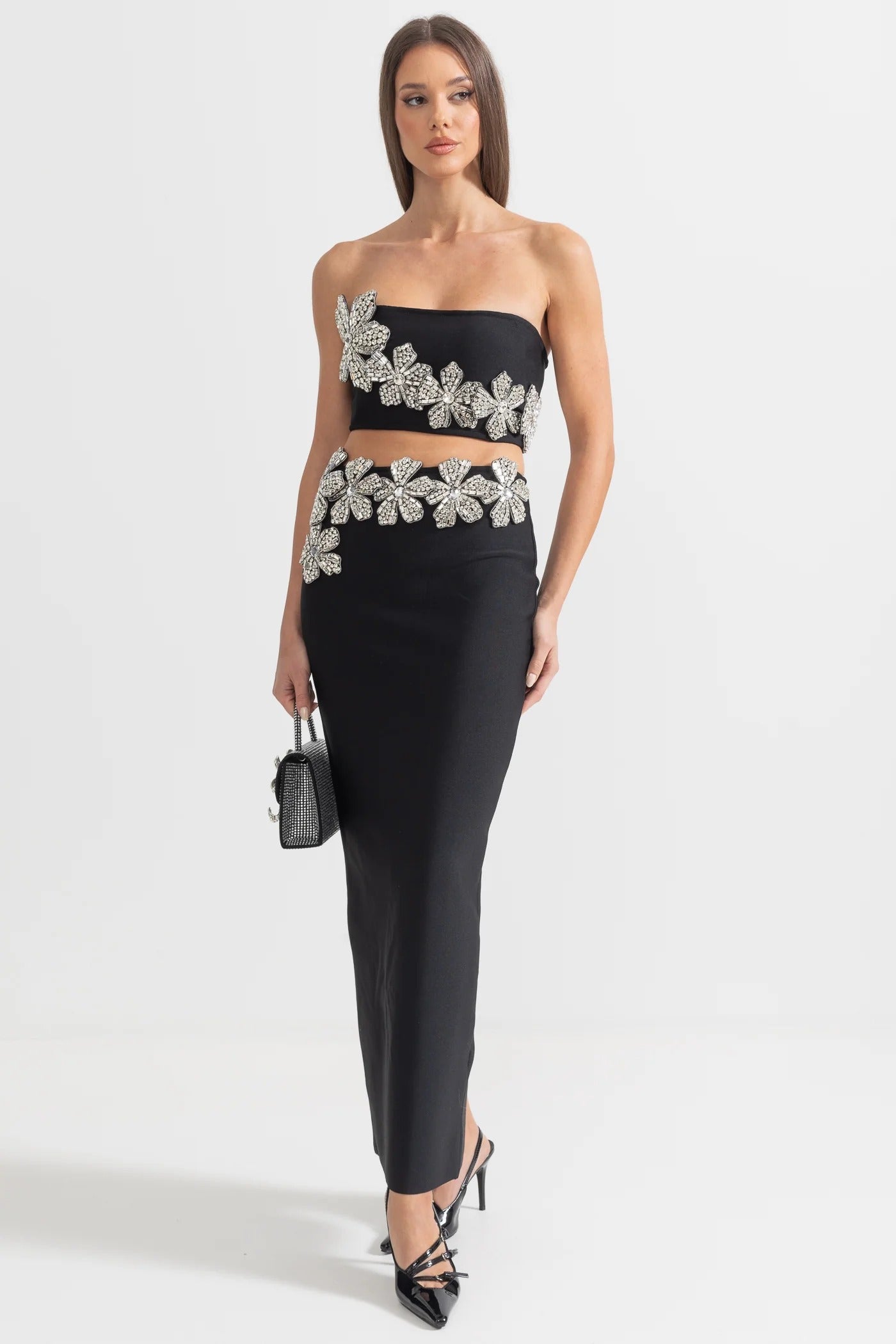 Two-Piece Set with Embellished Asymmetrical Crop Top and Maxi Skirt - Black
