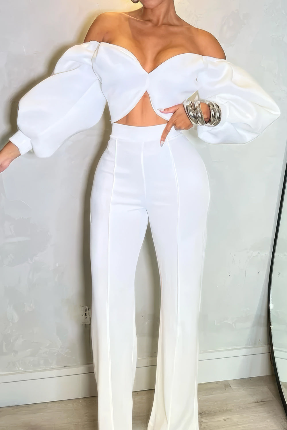 Off-Shoulder Crop Top and High-Waisted Pants Co-Ord Set