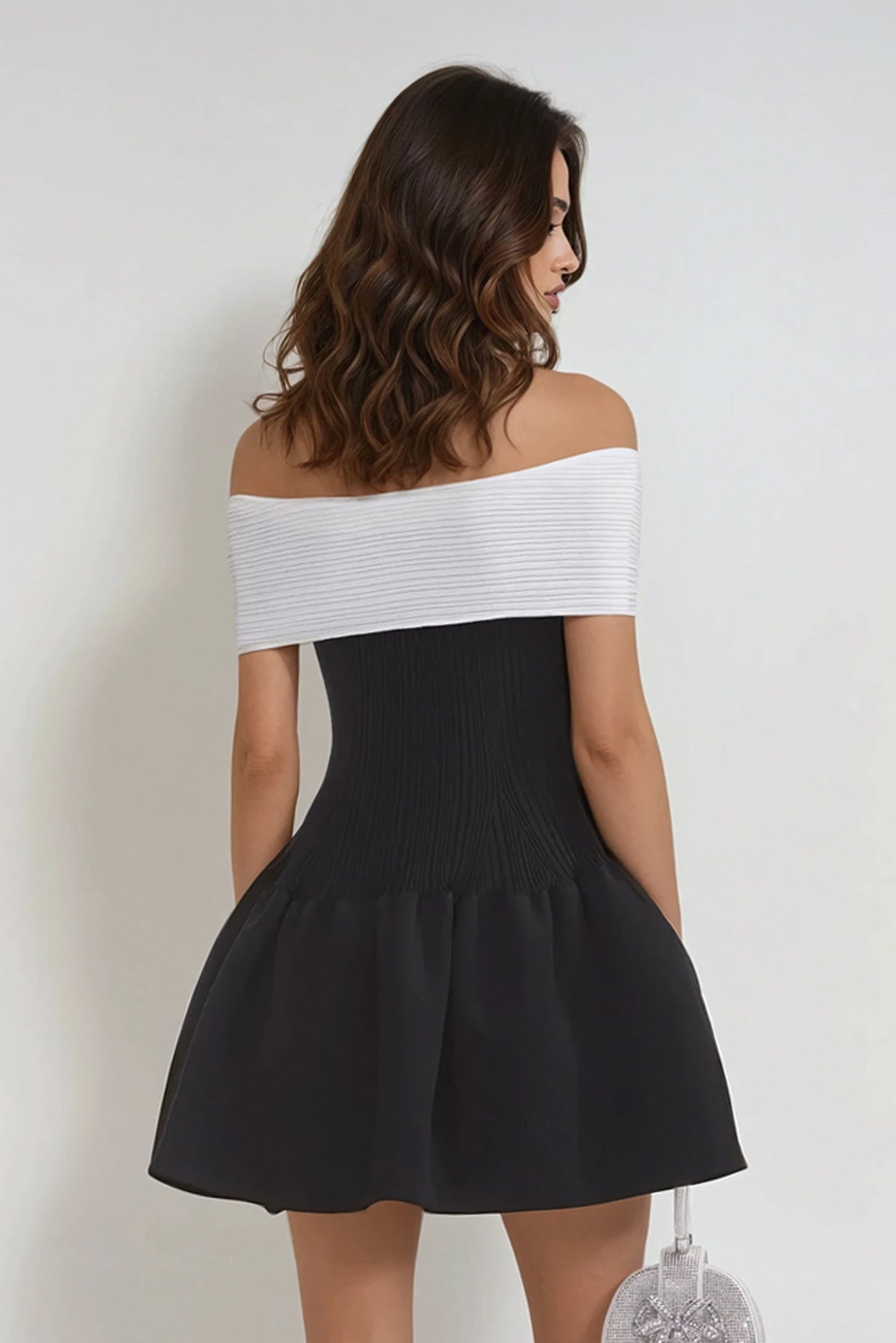 Off-Shoulder Mini Dress with Bow Detail - Black