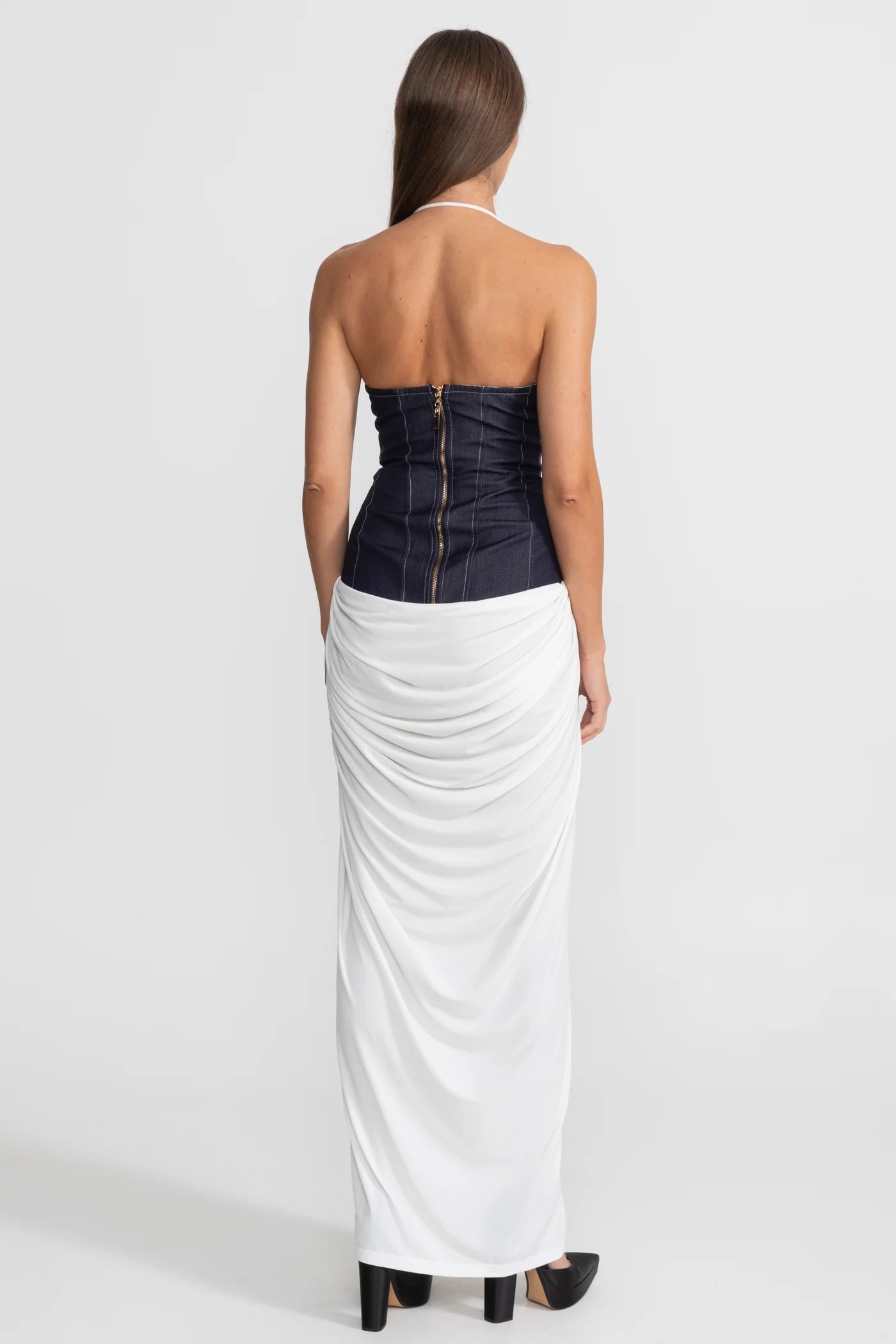 Denim Corset Halter Maxi Dress - White