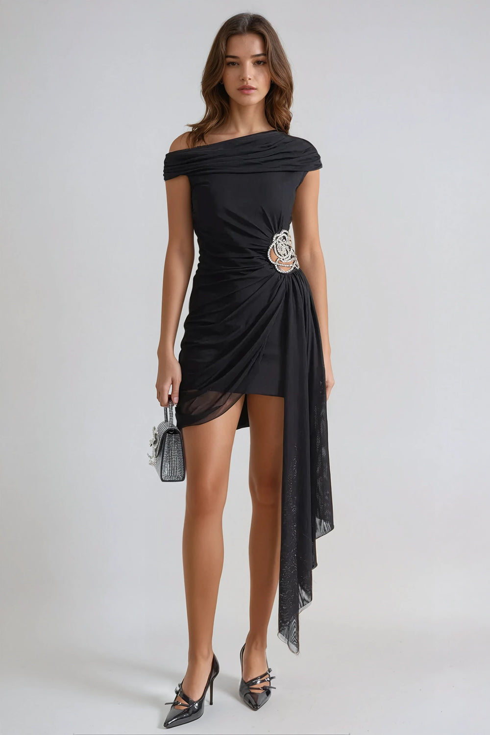 Asymmetrical Drape Mini Dress - Black