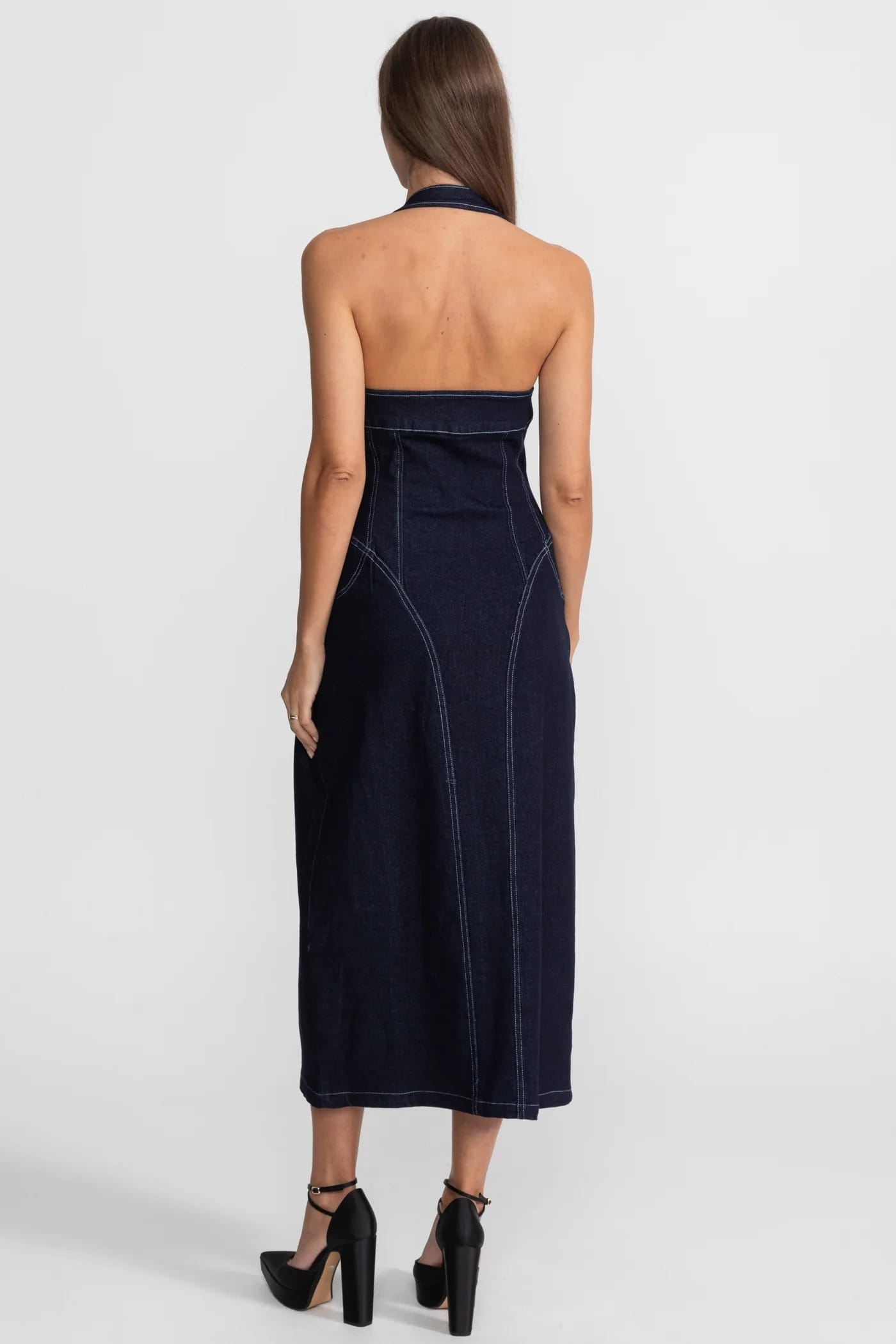 Denim Zip Front Halter Midi Dress - White