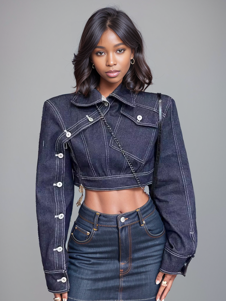 Cropped Denim Jacket with Asymmetrical Button Detail
