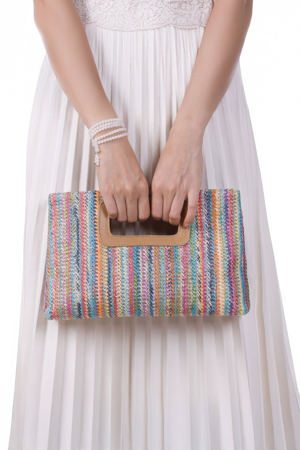 Woven Rectangular Handbag with Cutout Handle and Chain Strap