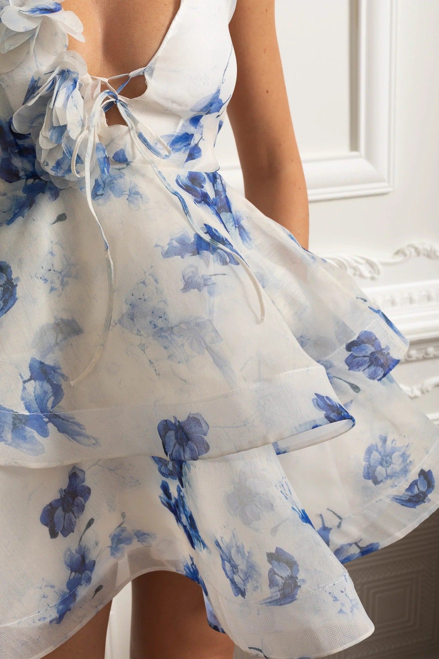 Floral Tiered Mini Dress With 3D Petal Detailing and Open - Blue