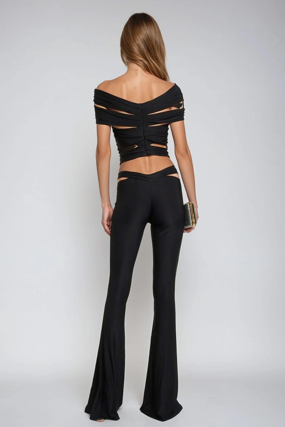Two-Piece Set with Off-Shoulder Cutout Top and Flared Trousers - Black