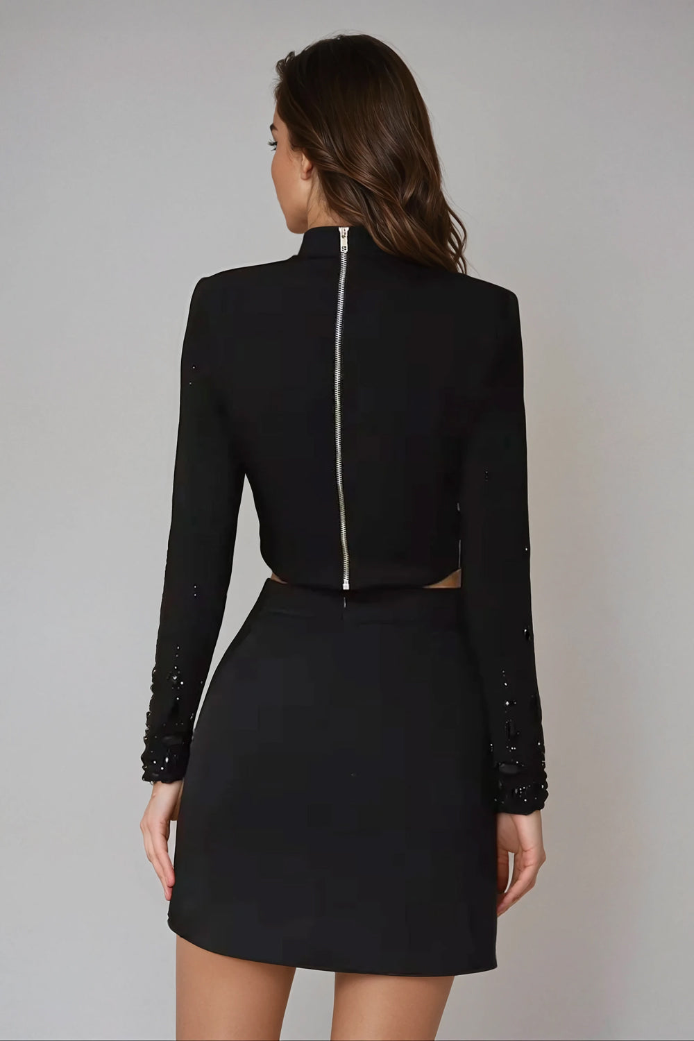 Two-Piece Set with Embellished Long Sleeve Top and Mini Skirt - Black