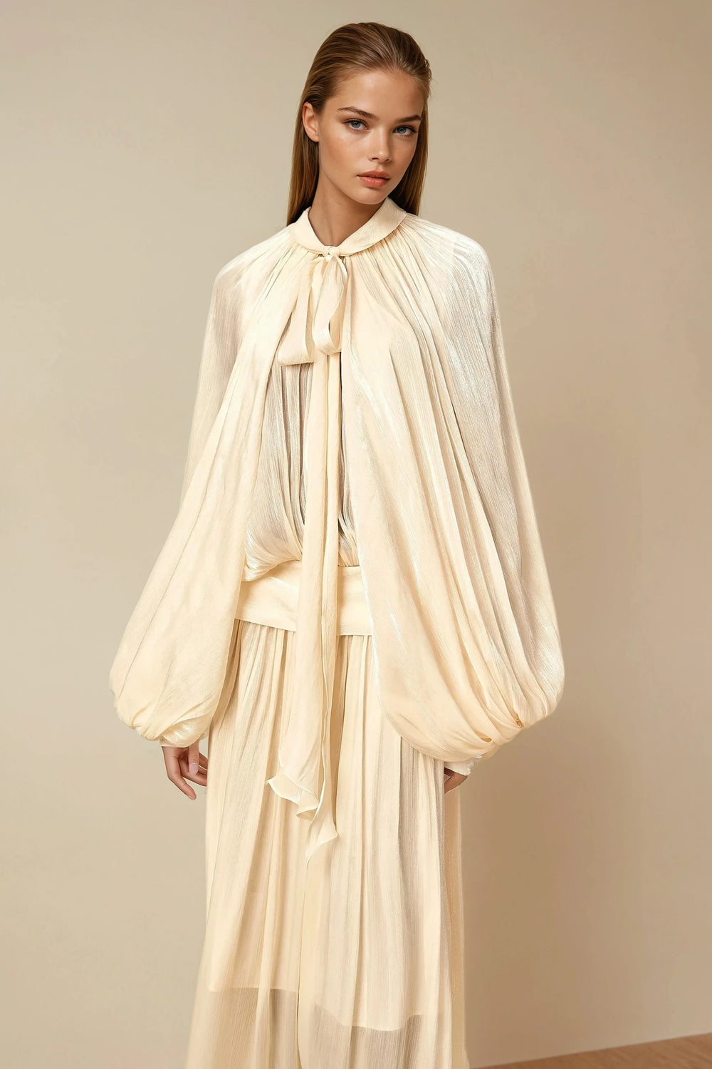 Pleated Maxi Dress with Tie Neckline - Apricot