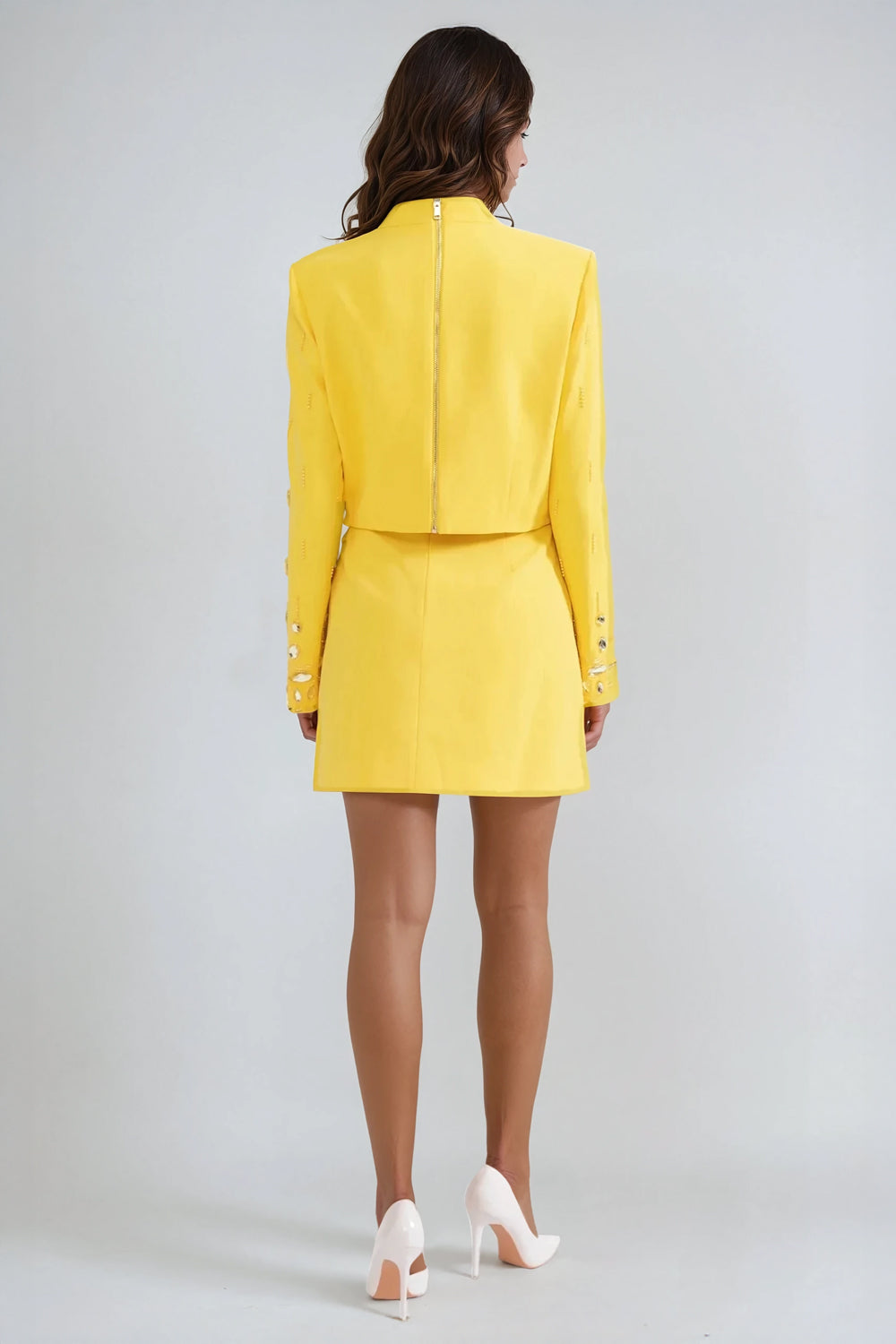 Two-Piece Set with Embellished Long Sleeve Top and Mini Skirt - Yellow