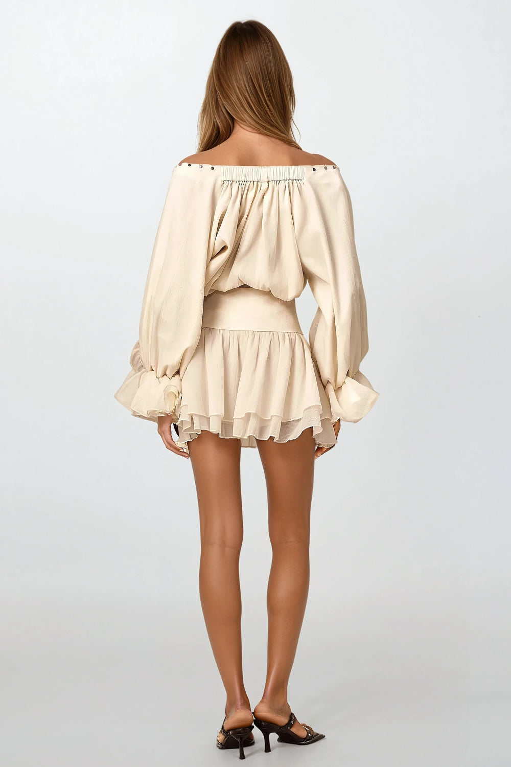 Off-Shoulder Lace-Up Mini Dress - Apricot