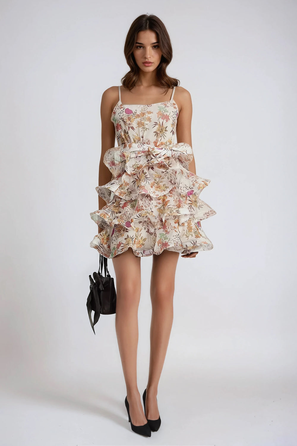 Layered Ruffle Floral Mini Dress - White