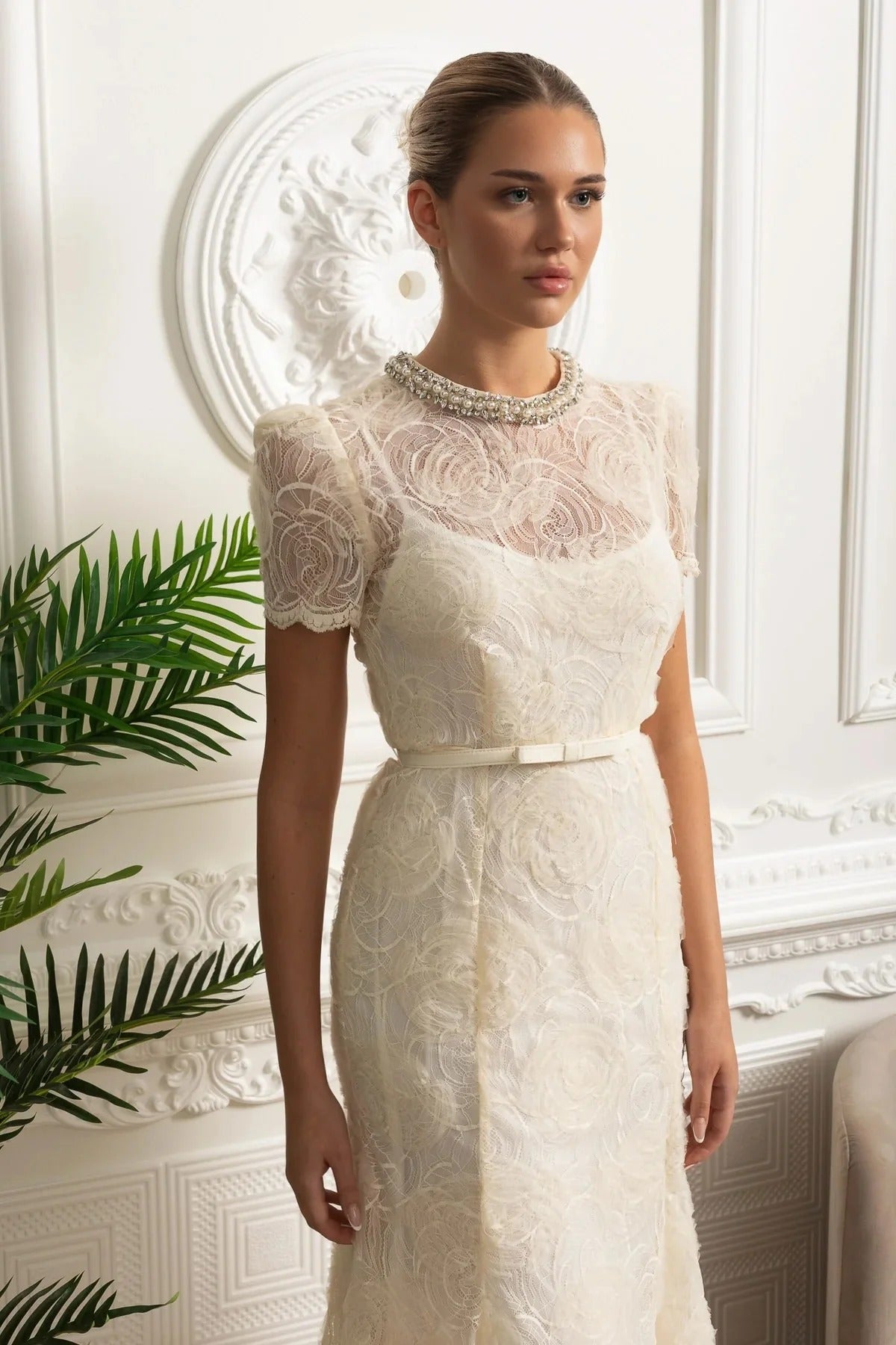 Embroidered Lace Midi Dress with Belted Waist and Sheer Sleeves - White