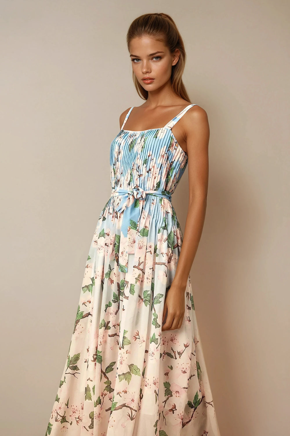 Pleated Maxi Dress with Tie Waist and Back Zip - Blue