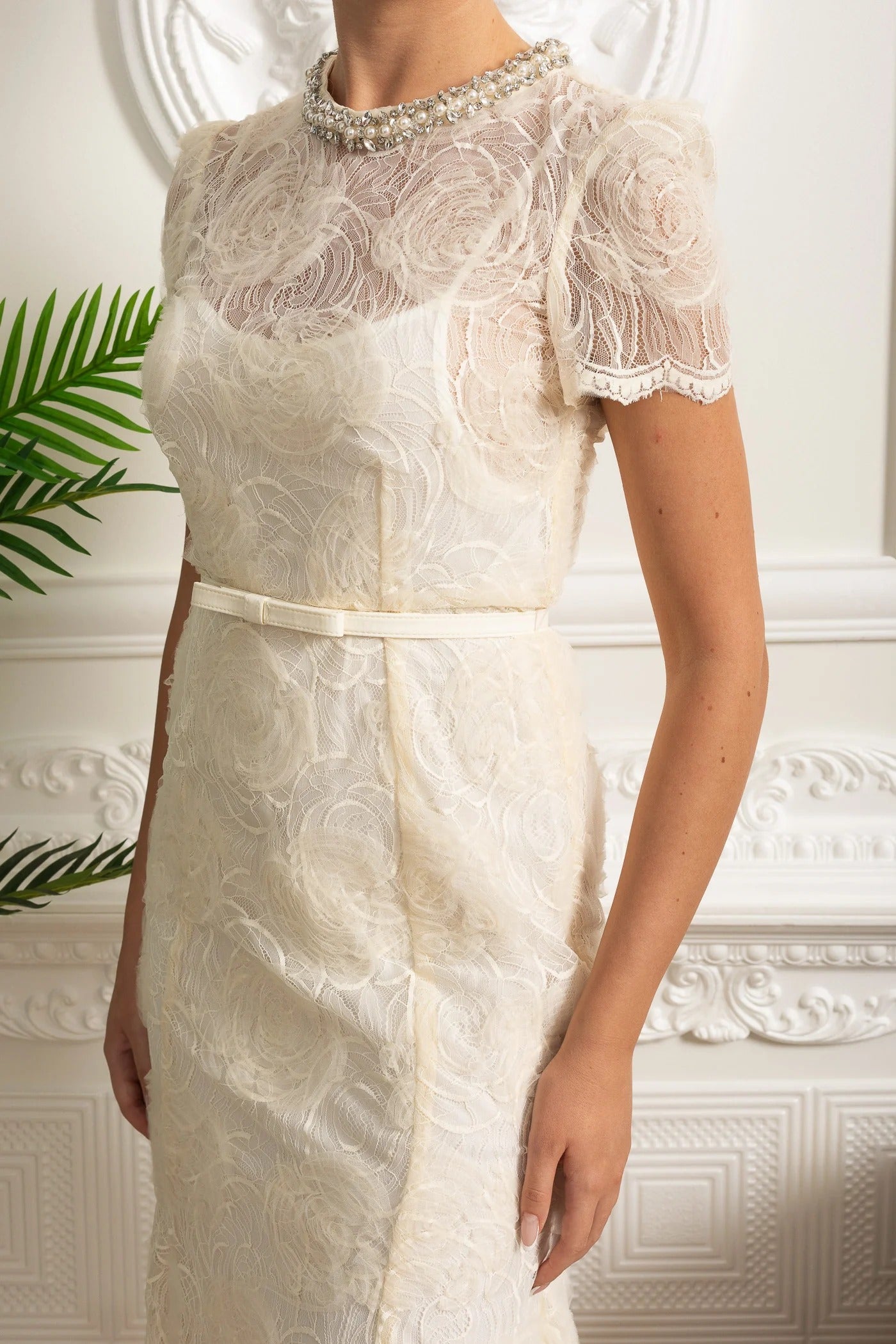 Embroidered Lace Midi Dress with Belted Waist and Sheer Sleeves - White