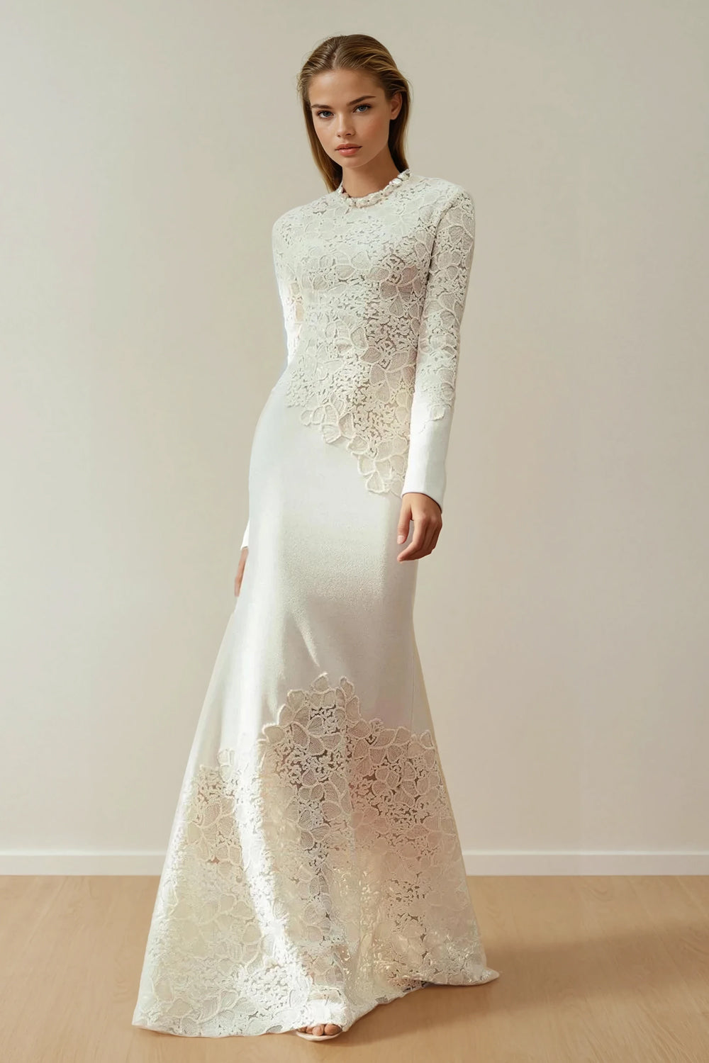 Maxi Dress with Lace Overlay and Long Sleeves - White