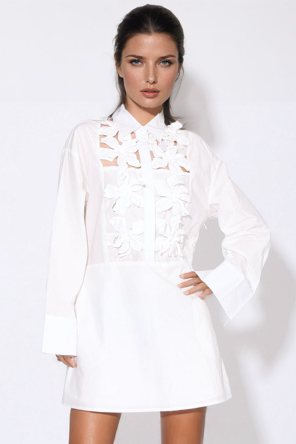 Shirt Style A-Line Mini Dress with Floral Detailing - White