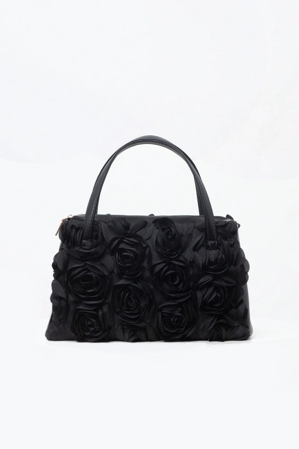 Black Top Handle Bag with 3D Floral Texture
