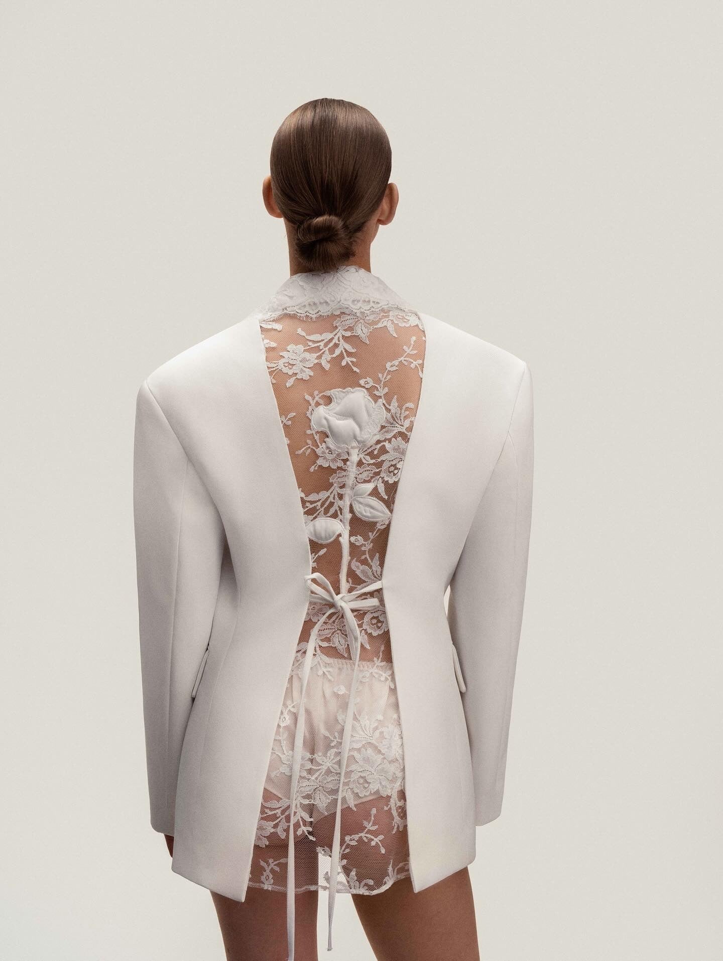 Blazer with Sheer Lace Back and Tie Detail - White