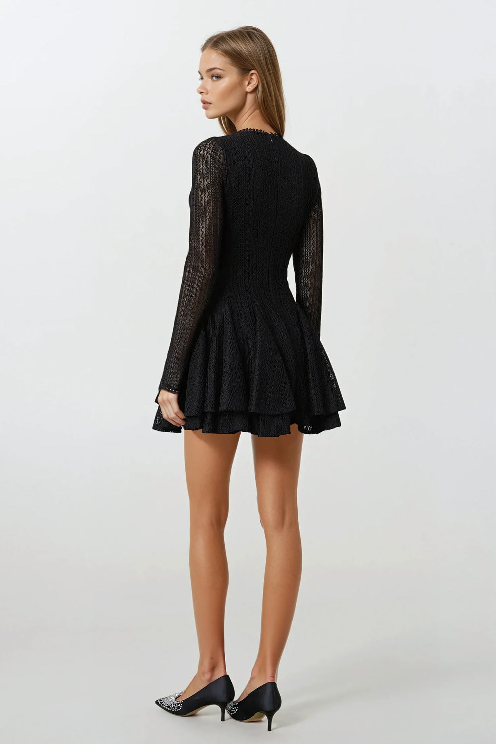 Long Sleeve Pleated Skirt Mini Dress - Black