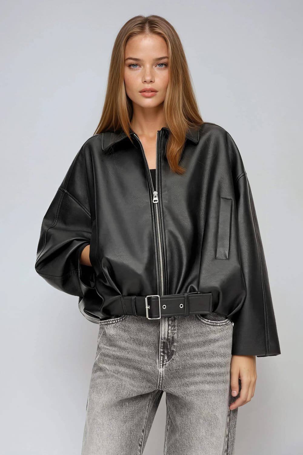 Leather Zip Jacket with Belted Waist - Black