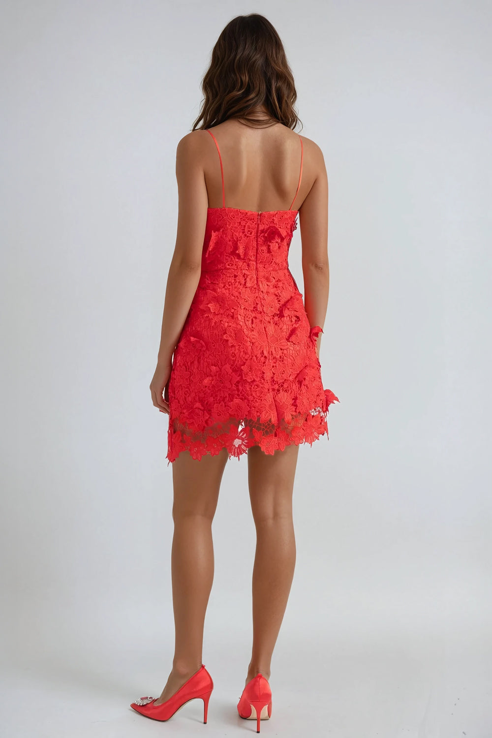 Lace Mini Dress with 3D Floral Details - Red
