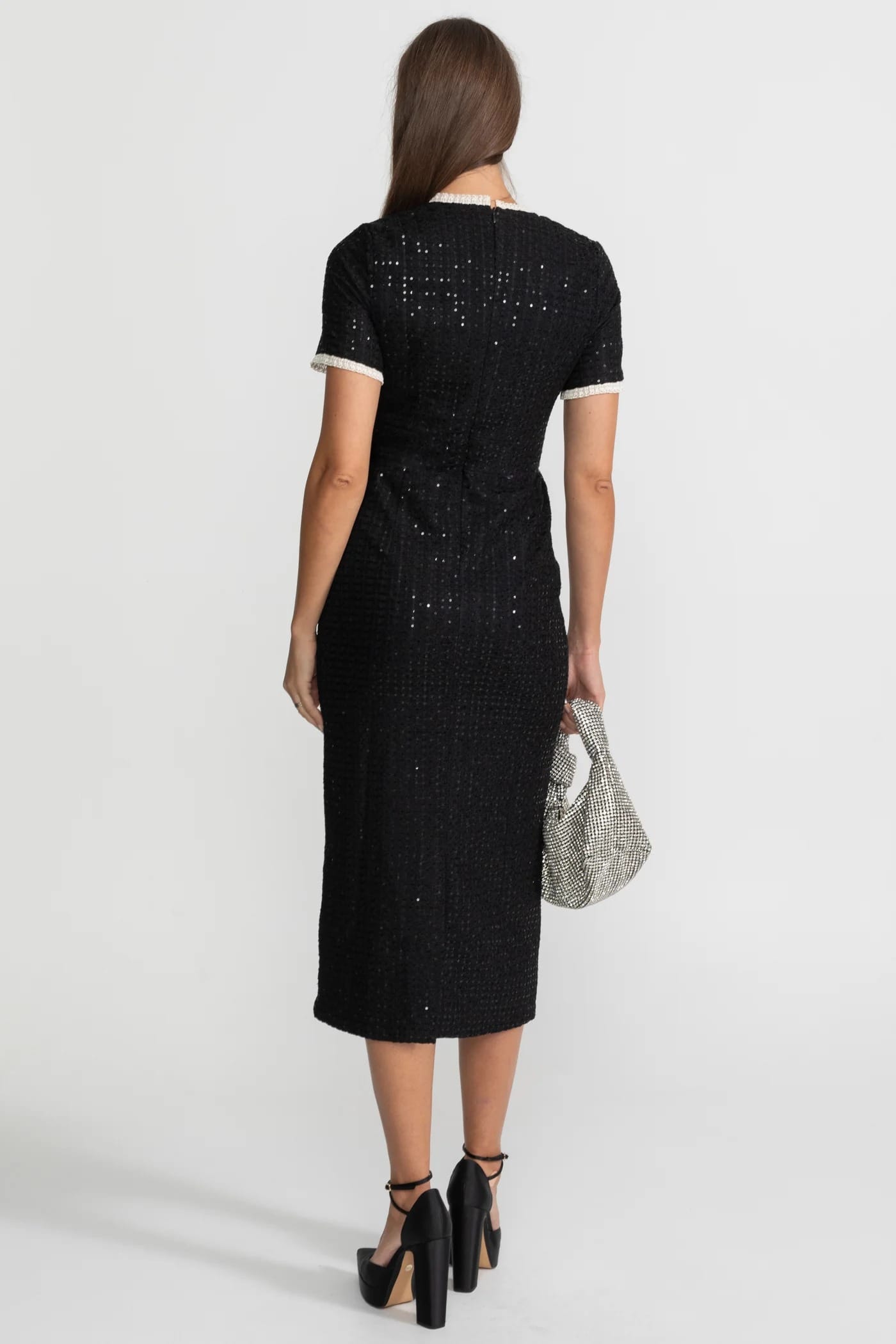 Short Sleeve Sequin Midi Dress - Black