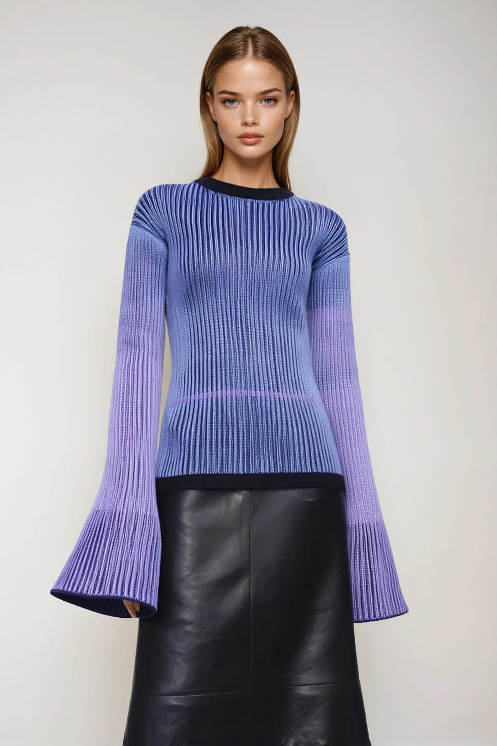 Striped Flared Sleeve Sweater with High Neck - Purple