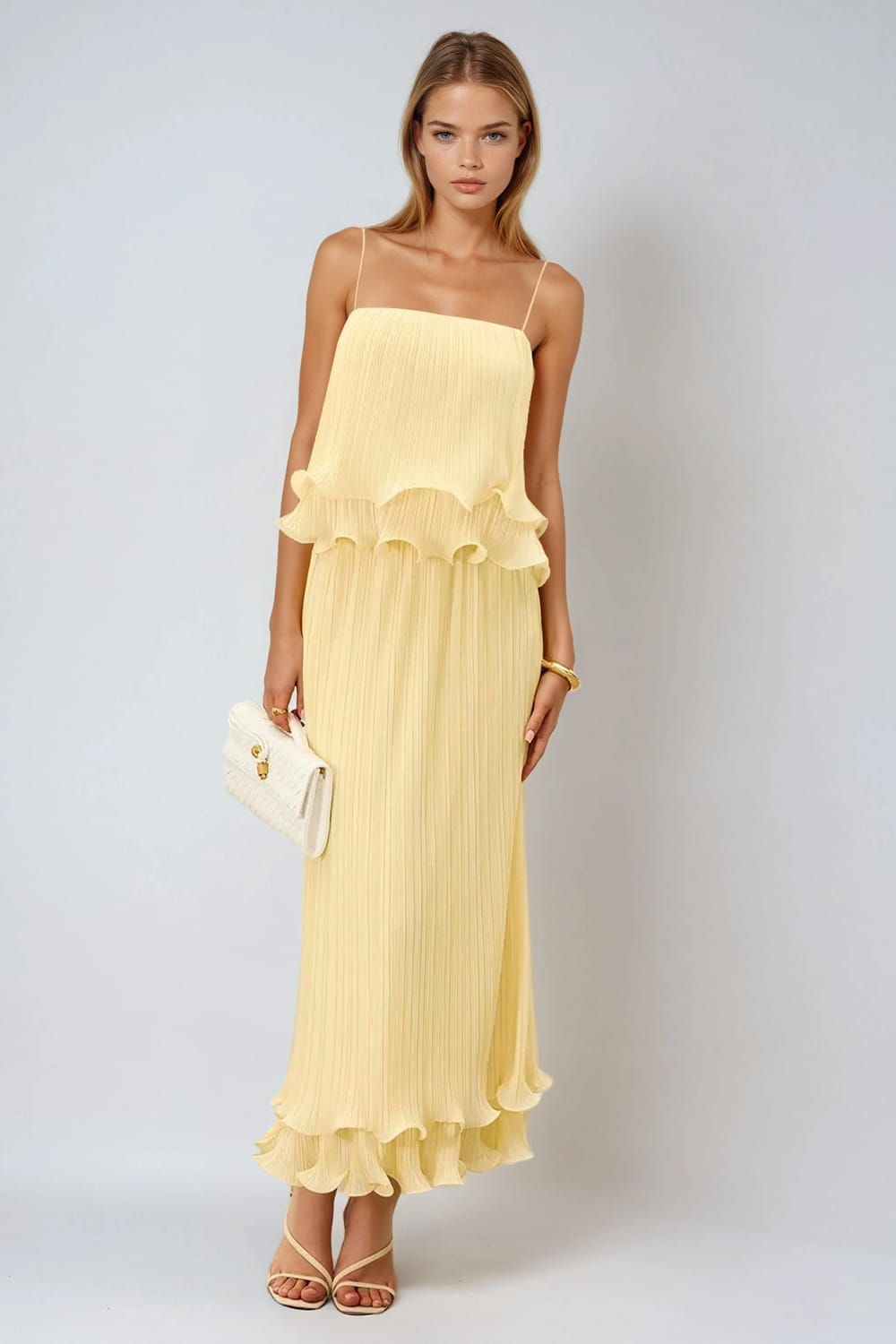 Pleated Maxi Skirt with Layered Ruffle Hem - Yellow