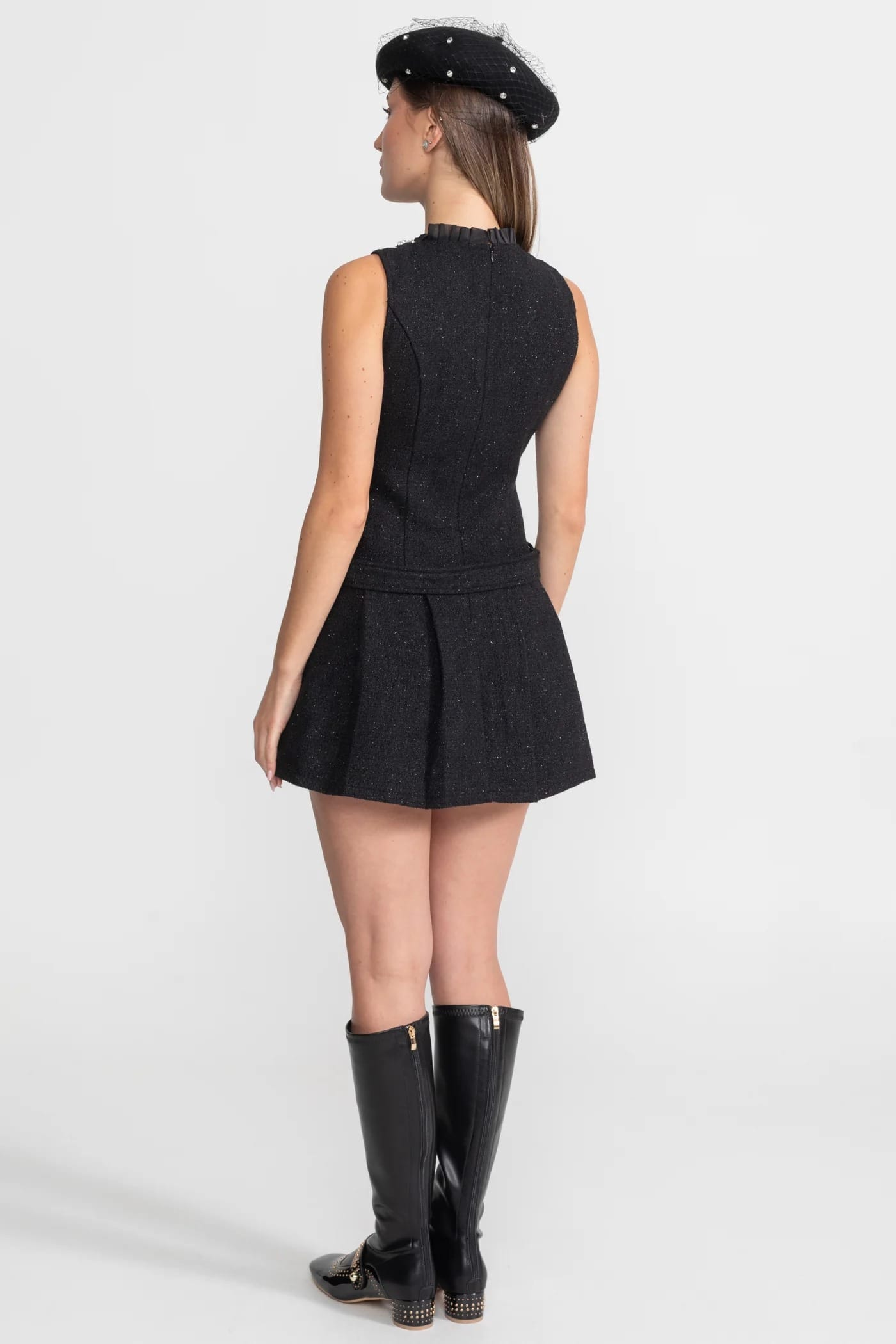 Sleeveless Belted Pleated Mini Dress - Black