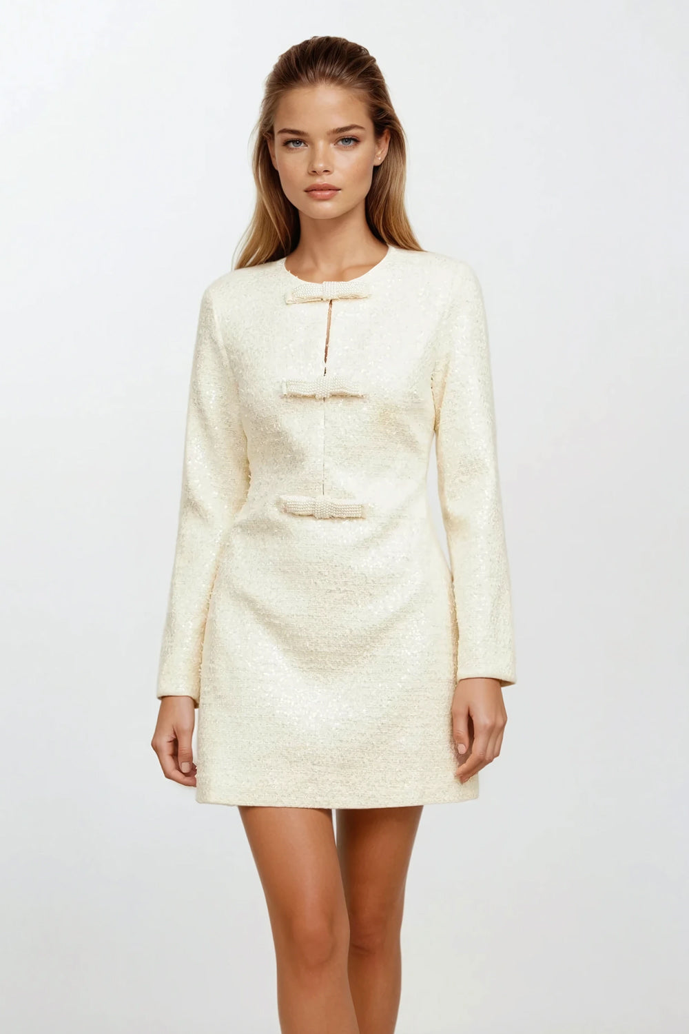 Bow Detail Sequin Long Sleeve Mini Dress - White
