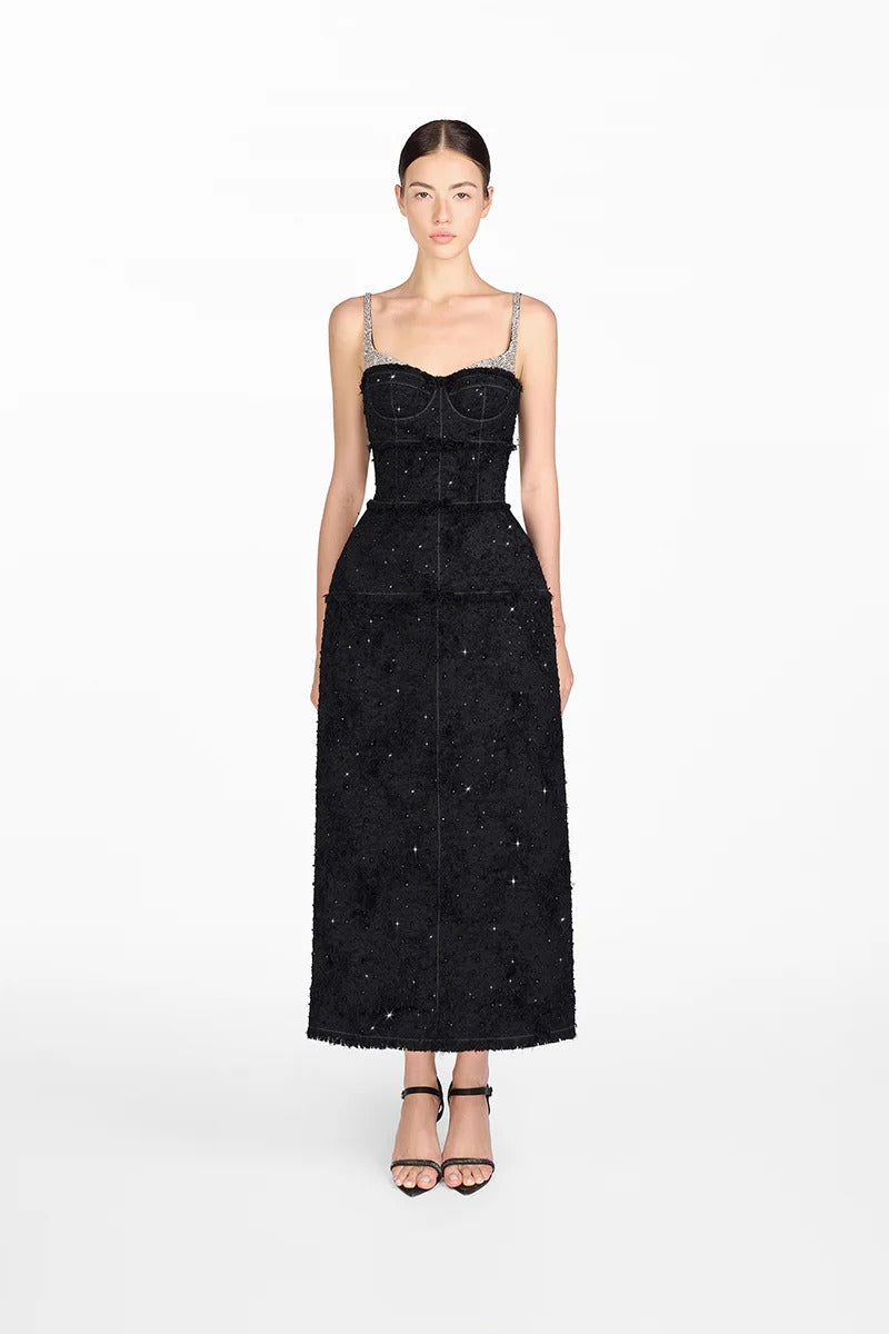 Sleeveless Midi Dress with Beaded Straps and Textured Detailing - Black