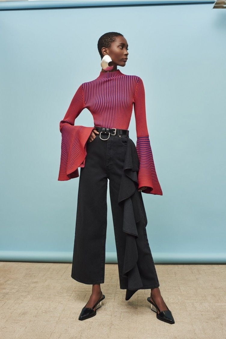 Striped Flared Sleeve Sweater with High Neck - Red