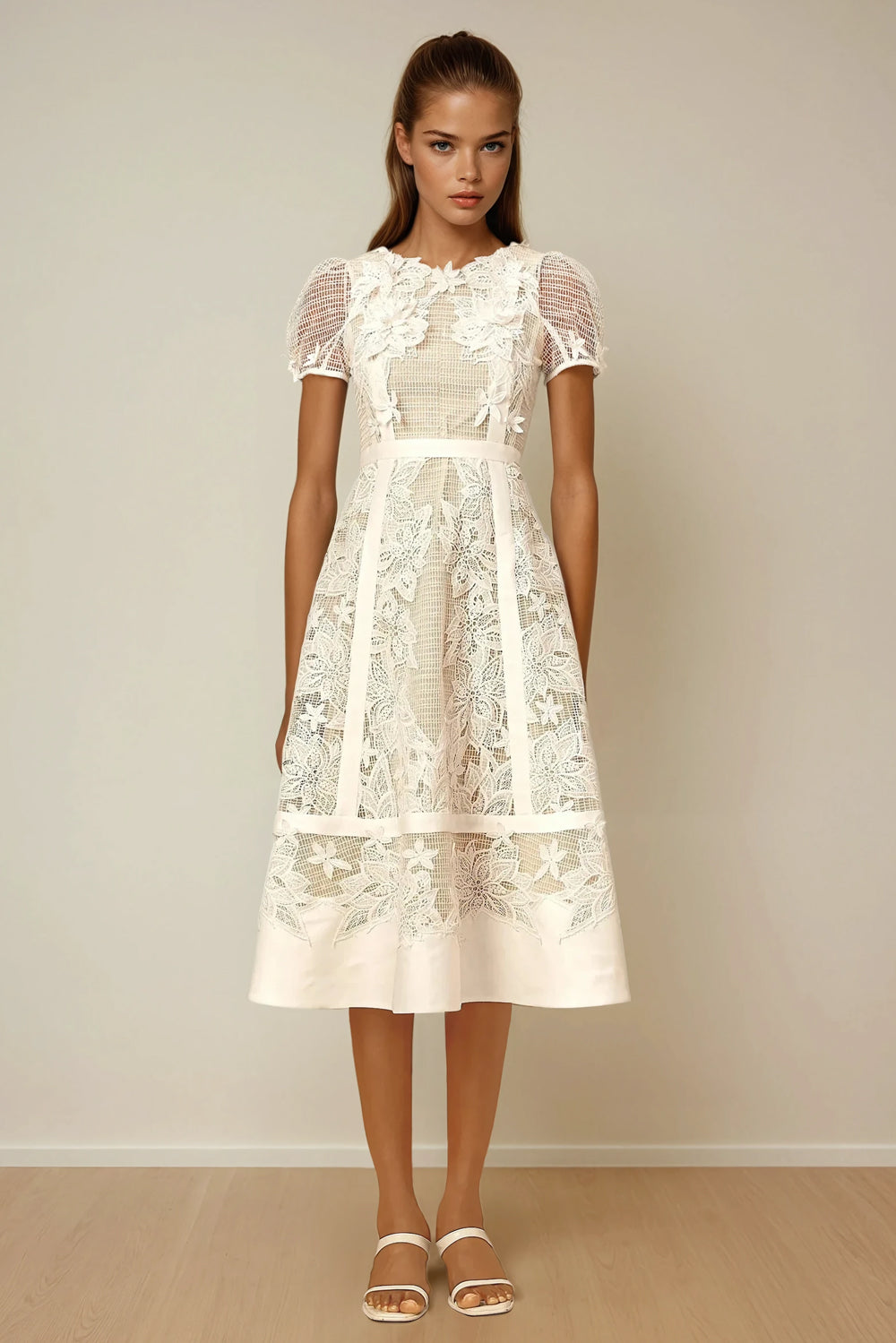 Midi Dress with Puff Sleeves and Embroidered Panels - White