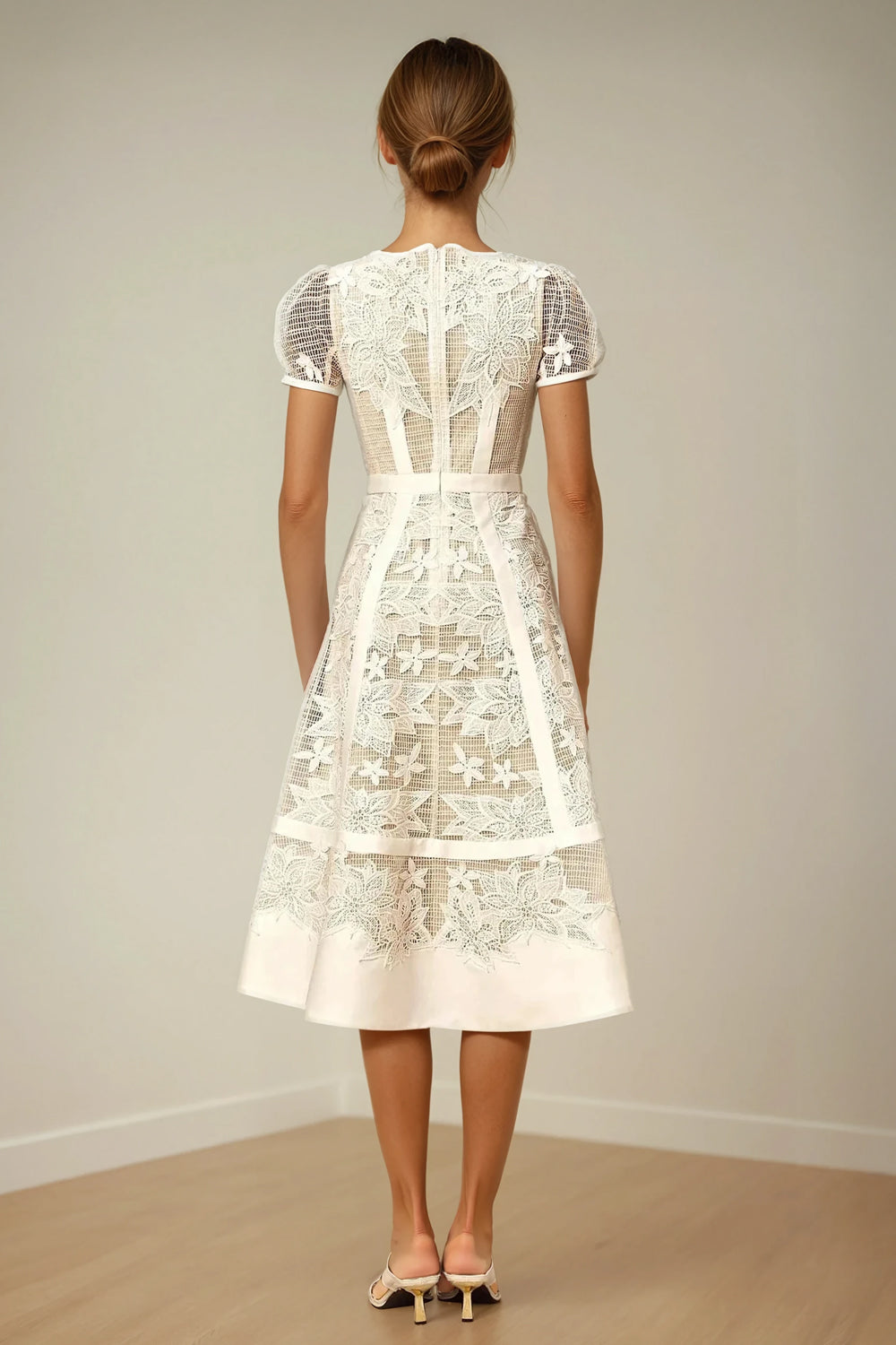 Midi Dress with Puff Sleeves and Embroidered Panels - White