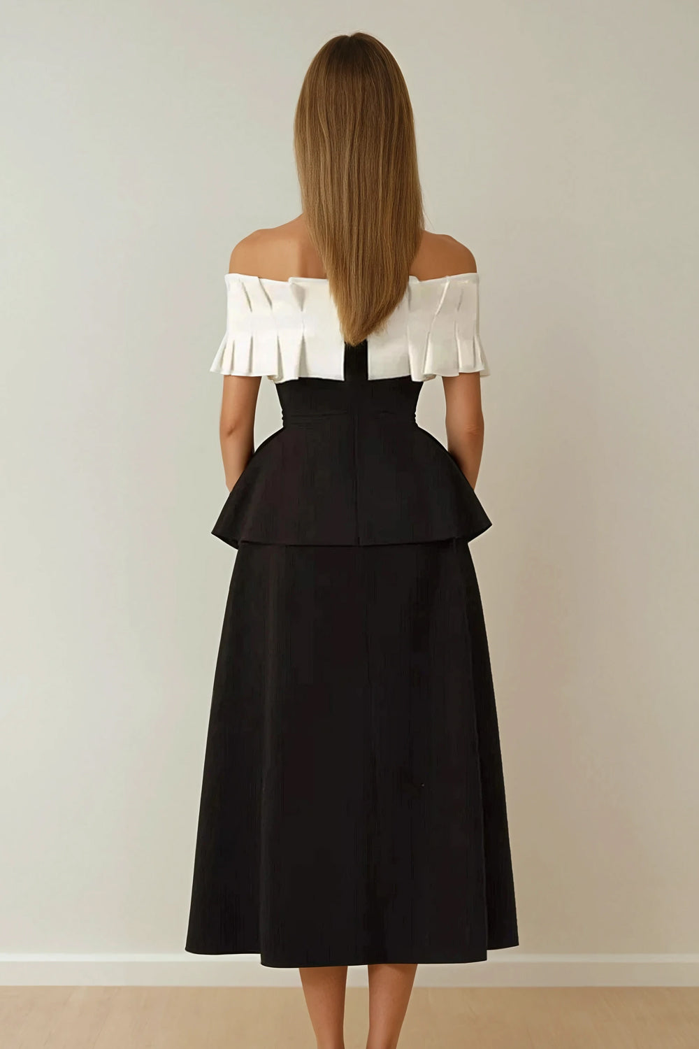 Off-Shoulder Pleated Contrast Midi Dress - Black