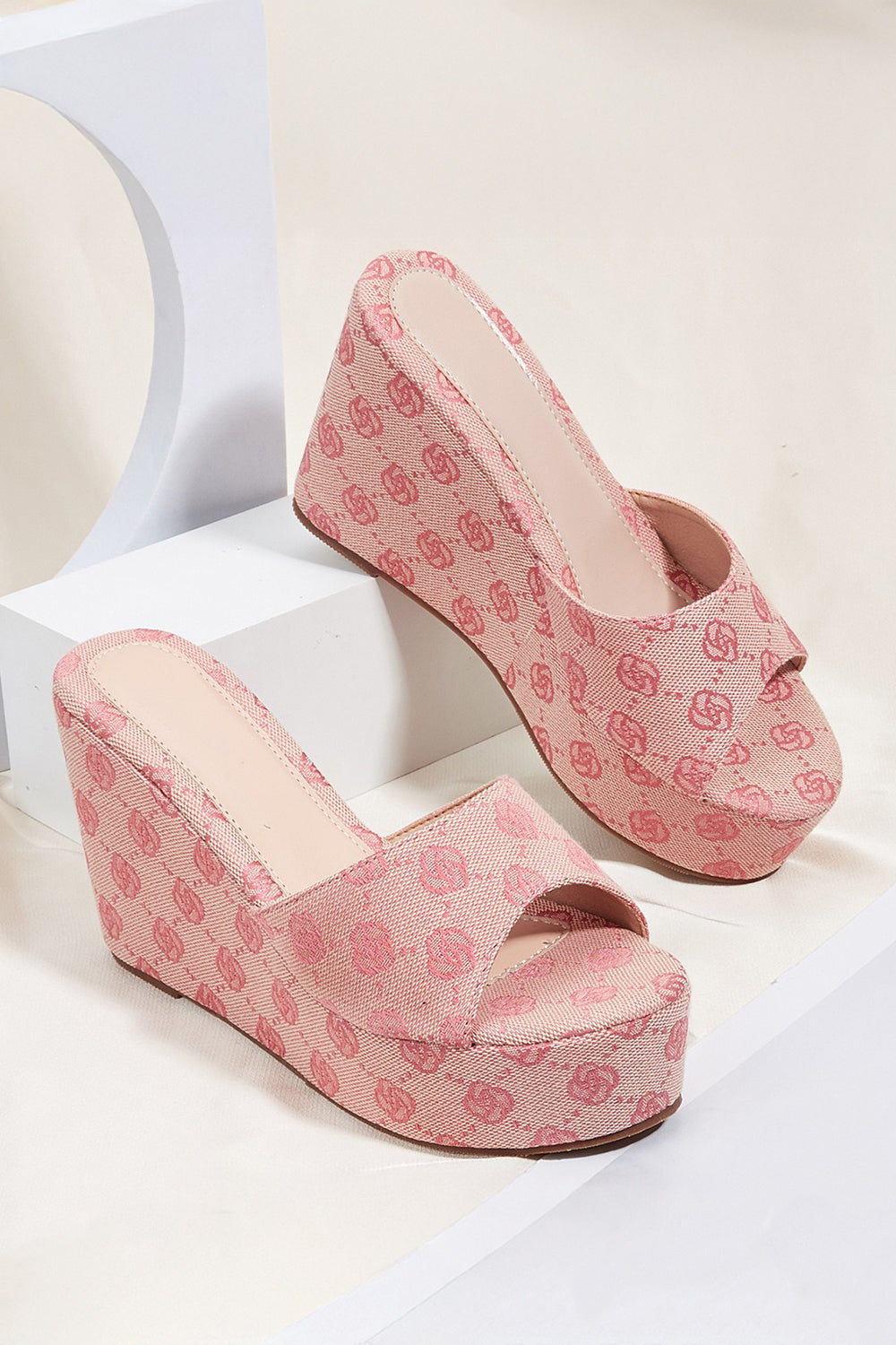 Platform Wedge Sandals with All-Over Monogram - Pink