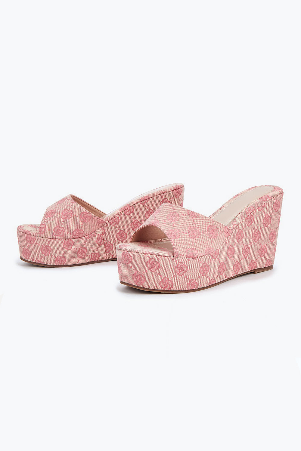 Platform Wedge Sandals with All-Over Monogram - Pink