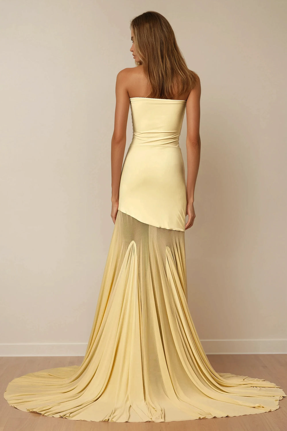 Strapless Maxi Dress with Sheer Pleated Hem and Long Train - Yellow