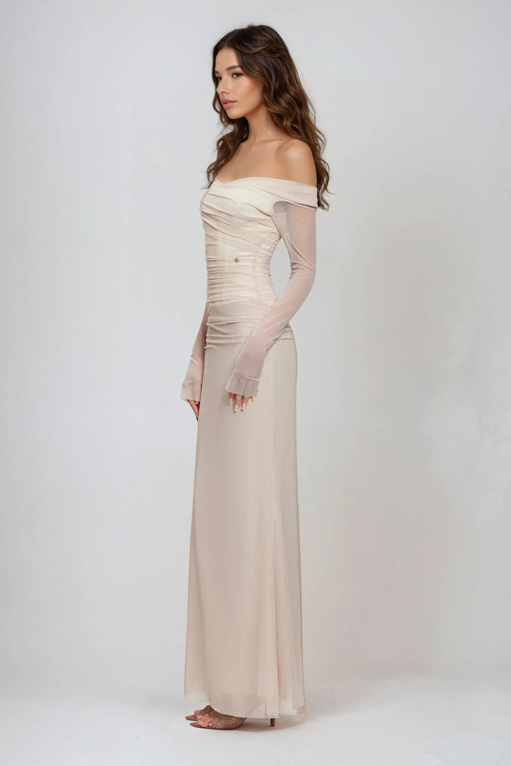 Off-Shoulder Sheer Maxi Dress - Beige