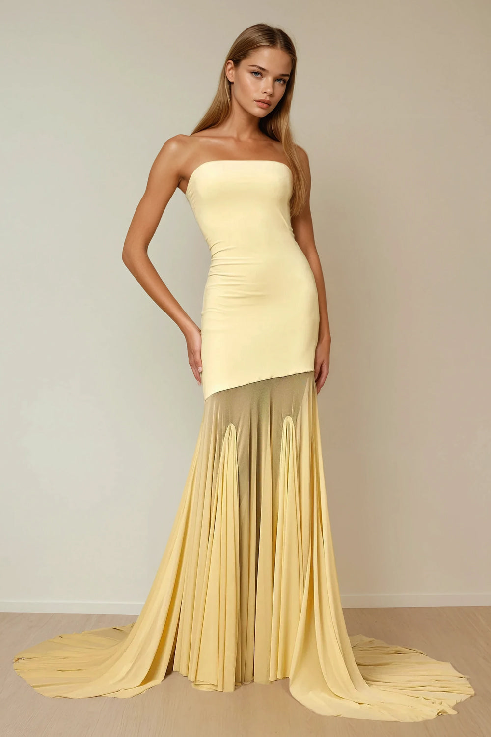 Strapless Maxi Dress with Sheer Pleated Hem and Long Train - Yellow