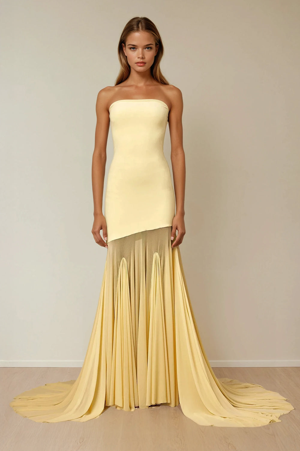 Strapless Maxi Dress with Sheer Pleated Hem and Long Train - Yellow
